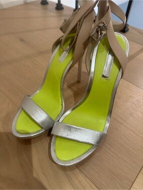 BCBGMAXAZRIA Silver & Neon Yellow Strappy Stiletto Heels